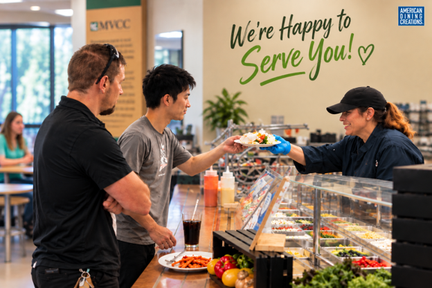 Point of view image with a chef smiling while handing over a plate of food.